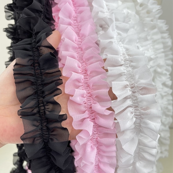 Lace Trim Chiffon Fabric White Pink Balck Ruffled Lace Chiffon Lace Pleated Lace Wedding Trim 5cm width