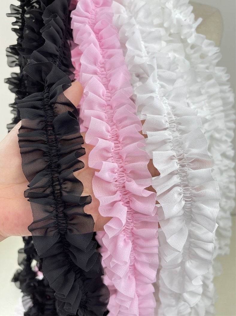 Pink 3D Ruffled Fabric Trim, Organza Ruffle Trim Mesh Fabric
