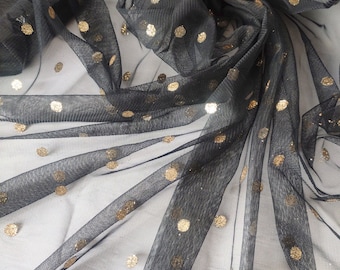 Gold Polka Dot Glitter Sequin Black Tulle Lace Fabric Floral Soft Tulle Exquisite Bridal Wedding Headband 51" width 1 yard