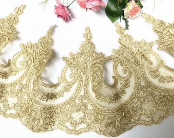 Retro Alencon Spitze Gold Cord bestickt ausgebogt für Strumpfbänder, Brautschleier, Spitzenhandschuhe oder Kostüm Massenware