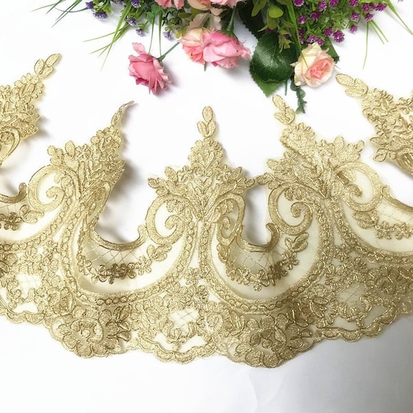 Retro Alencon Lace Gold Cord Embroidered Scalloped Lace Trim for Garters, Wedding Veils, Lace Gloves or Costume by the yard