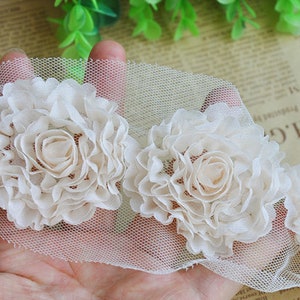 2 yards Apricot 3D Chiffon Rose Lace Trim Chair Sashes, Bridal Trim, Costum trim, chiffon flower, Wedding Decors, photography backdrop