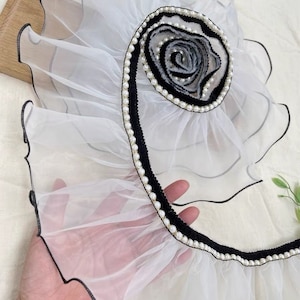 2 yards Lace Trim White Organza Pearl Beaded Black Sides Ruffled Pleated for Girl Dress Wedding Lace Baby Dress lace 4.72&quot; inches width