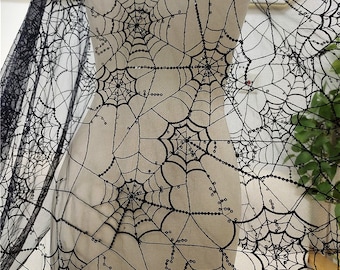 1 Yard Black Tulle Sequin Spider Web Embroidery Lace Fabric