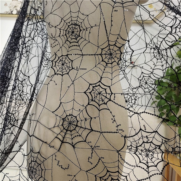1 yard Black Tulle Sequin Spider Web Embroidery Lace Fabric Exquisite for Bridal Dress Wedding Fabric Headband Veil Lace 53" width