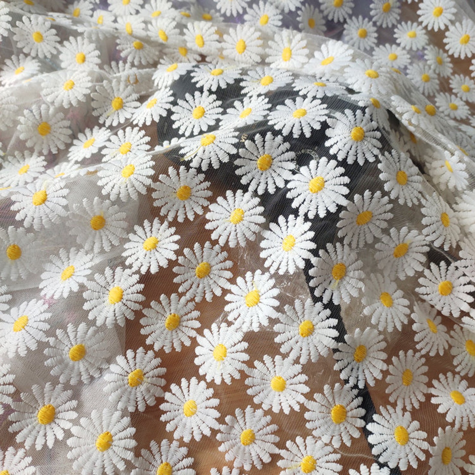 Lace Fabric Adorable White Daisy Flower Embroidered White Etsy