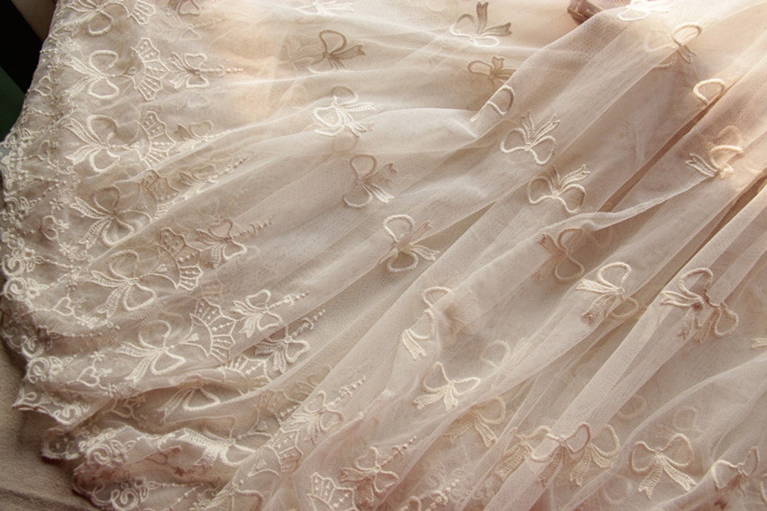 1 Yard Beige Ivory Lace Fabric Tulle Cotton Bow Embroidered Bilateral ...
