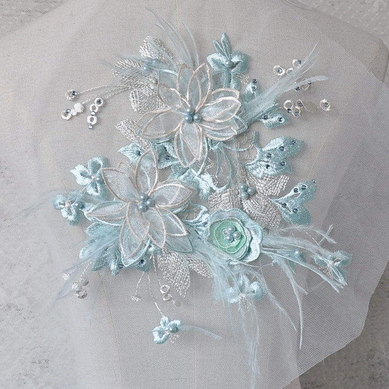 2 colors 3D Blue Pink Feather Pearl Beaded Flower Lace Applique Embellished Lace Patch for wedding dance costumes bridal hair accessories