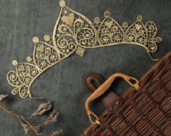 1 pc Gold Crown Venice Alencon Lace Appliques Flowers Embroidered Wedding Supplies Bridal Veil