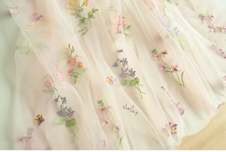 2 Colors Light Pink Light Gren Tulle Delicate Small Floral Flower Embroidered Lace Fabric for Veil Fabric Wedding Fabric Dress Fabric 51" image 8