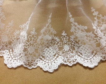 2 Yards Cream White Tulle Lace Trim Retro Embroidered Tulle Lace 7 Inches Wide