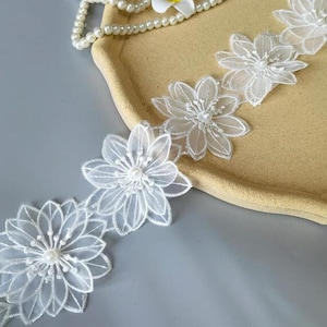 Exquisite organza 3D flower lace, pearl beaded trim, white lace trim on the headband, girl dress, scrapbooking embellishment