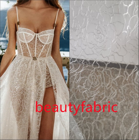 1 yard clear sequin white tulle mesh exquisite embroidered lace fabric ball gown floral wedding  lace top veil lace fabric 51" width