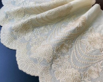 Beige Cotton fabric gold thread embroidery flower lace fabric for lace curtains, tablecloth decoration, pillow case accessories 33cm width