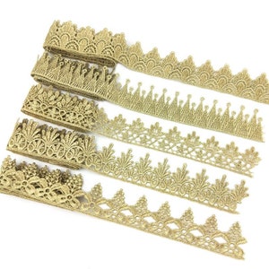 Rifinitura in pizzo oro metallizzato, rifinitura in pizzo dorato, pizzo dorato ricamato, decorazione in pizzo a corona, decorazione in pizzo dorato fai da te