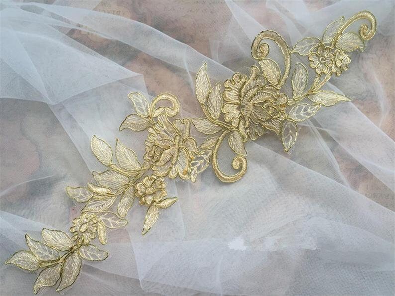 1 pair Luxury Gold Lace Applique Vintage Alencon Lace Etsy