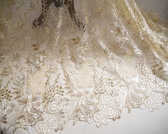 1 yard Lace Fabric Gold Alencon Alice Tulle Floral Embroidery Exquisite Bridal Wedding Headband 53" width High Quality