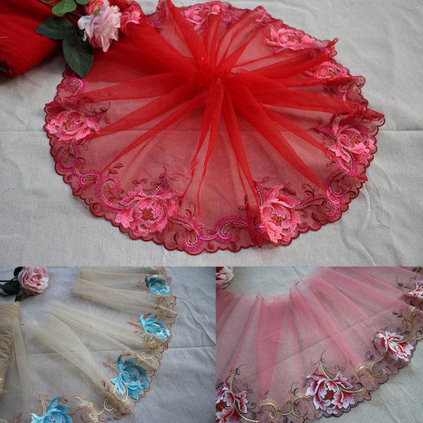 3 Colors 2 yards Lace Trim Red Tulle Rose Embroidery Floral Wedding Lace Bridal Lace Headband Fabric 8.66" width High Quality