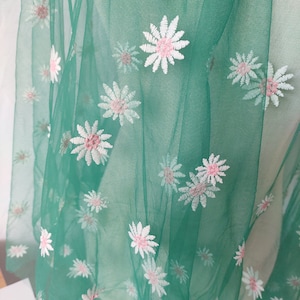 Adorable Green Tulle Pink White Daisy Flower Embroidered Lace Fabric for Flower Girl Dress, Party Dress, Costume design 55&quot; width