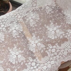 1 yards Lace Trim Ivory Tulle Cotton Exquisite Embroidery Flower Bridal Wedding Lace 15.7&quot; Width