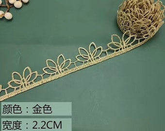 3 yards Gold Flower Exquisite Alice Alencon Lace Trim Embroidered Floral Retro Wedding lace 0.86 Inches Wide