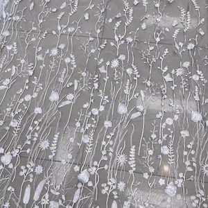 White Floral Embroidery Lace Fabric Soft Tulle Exquisite Embroidery Bridal Wedding Headband 51&quot; width High Quality