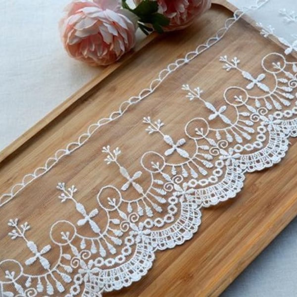 White Black Cross Cotton Lace Trim Embroidery Flower Bridal Wedding Fabric Headband 5.12" width 2 yards