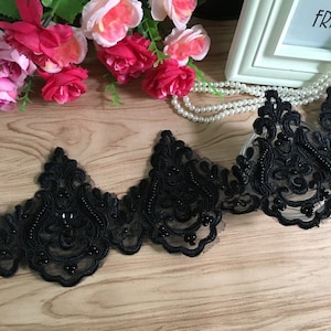 Klassische Spitzenbesatz schwarze und weiße Perlen bestickte Spitze für Hochzeit es, Strumpfbänder, Kostüme, Schmuck Designs 11,5 cm Breite