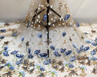 1 yard Gorgeours Blue Lotus Flower Lace Fabric Floral Embroidered Tulle Fabric Dress Bridal Veil Floral Lace Fabric 59" width
