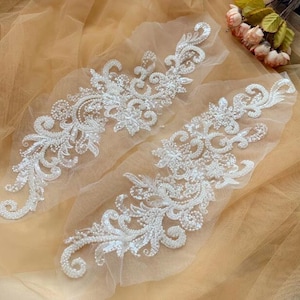 1 pair White Full Pearl Beaded Flower Lace Applique , Embellished Lace Patch for wedding gown, dance costumes, bridal hair accessories