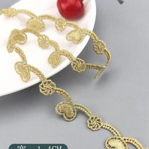 2 yards Gold Flower Heart Alice Alencon Metallic gold-tone lace-trimmed Lace Trim Embroidered Floral Retro Wedding lace 1.4cm Wide