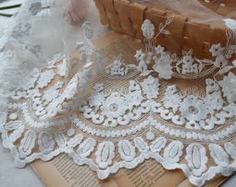 1 yard di pizzo bianco floreale in cotone, pizzo in tulle ricamato, pizzo da sposa, forniture per la realizzazione di costumi, larghezza 32 cm