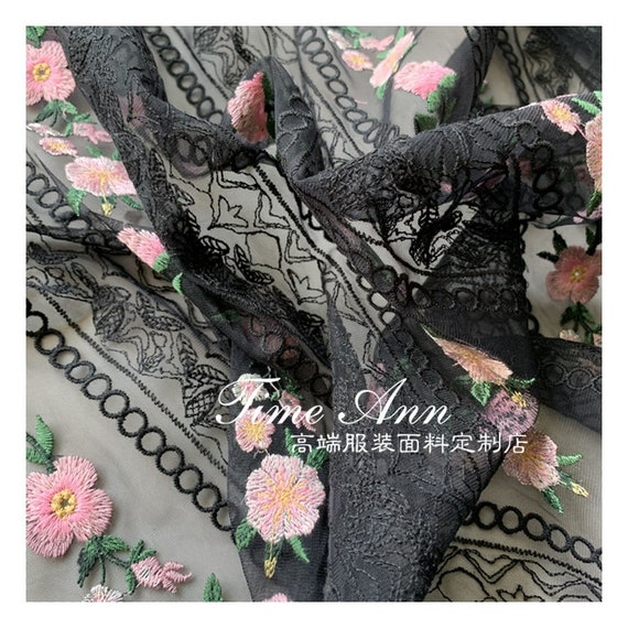新品タグ✨MACHATT lace long Tshirt 花柄レース 黒 Pink Flower Black Tulle Dress Lace Fabric Floral Embroidery Soft