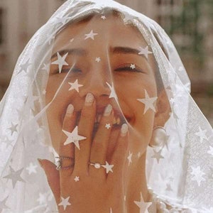 Puede incluir: Un velo de tul blanco con adornos en forma de estrella blanca. El velo se lleva sobre la cara de una persona, cubriendo sus ojos y boca. La persona sonríe y su mano cubre su boca.