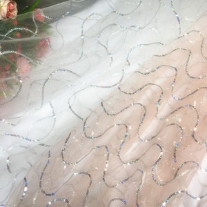 2 colors 1 yard Colorful Sequins Lace Fabric Pink Ivory Tulle Multicolored Star Bridal Wedding Fabric Headband Fabric 59&quot; width