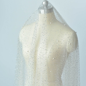 Tela de encaje de tul blanco con cuentas de diamantes de imitación, exquisita tela para diadema de novia, tela para vestido, velo de encaje, 59&quot; de ancho, 1 yarda