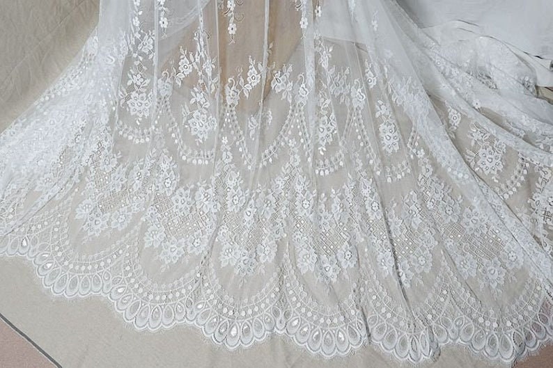 Lace Fabric Ivory Black chantilly lace Graceful Franch Eyelash Bridal Lace Fabric Wedding Fabric Headband Fabric 59 width 1 yard image 9