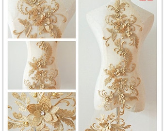 Vestido de noiva luxuoso com pérolas e contas 3D em ouro, 9 cores, apliques de renda, bordados, guarnição, colarinho, corpete de casamento, acessórios para véu