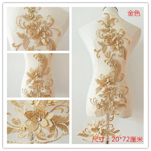 9 colors Luxury Gold 3D Beaded Pearl Bridal Gown drilling Lace Applique Embroidery Patches Trim Collar Wedding Bodice Veil Accessories