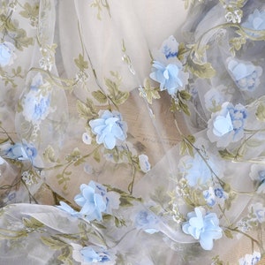 3D blauwe chiffon bloemenkant stof organza stof prachtige bruids bruiloft hoofdband 51,1&quot; breedte 1 yard