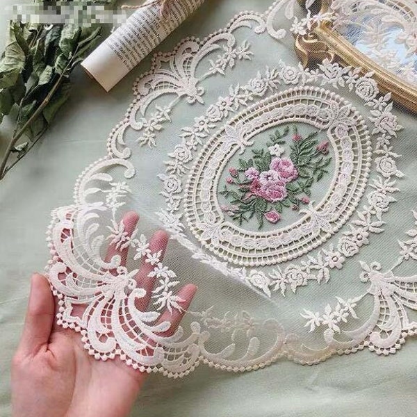 Luxury Oval Retro Beige Rose Flower Embroidery Super Lace Appliques Table Mat Exquisite Wedding Dress Grown Bridal Veil Accessories