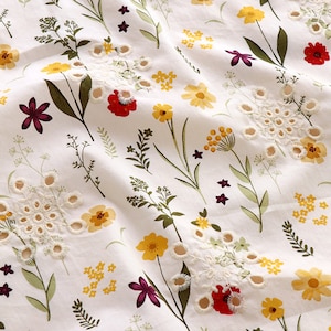 Pure Cotton fabric, white cotton print flower lace fabric embroidery for boho dresses, skirt tops, dress skirts embroidery flower 51" width