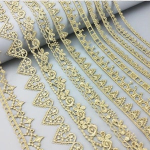 2 yards gold lace trim, gold scalloped lace trim yard, gold cutout lolita skirt lace trim, stitch appliqué, dress edge