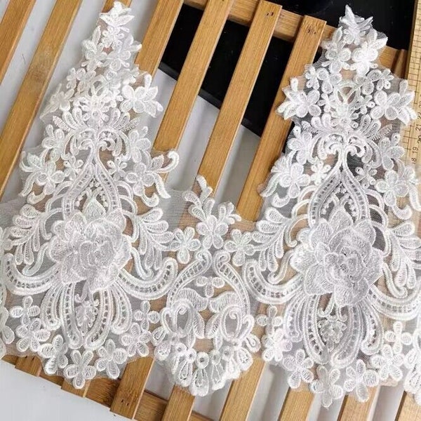 Sequin White Floral Embroidery Lace Trim Bridal Fabric Veil Fabric Alencon Lace Trim for Bridal Wedding Dress Skirt 33cm width high quality