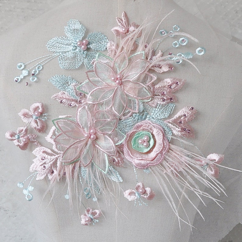 2 colors 3D Blue Pink Feather Pearl Beaded Flower Lace Applique Embellished Lace Patch for wedding dance costumes bridal hair accessories
