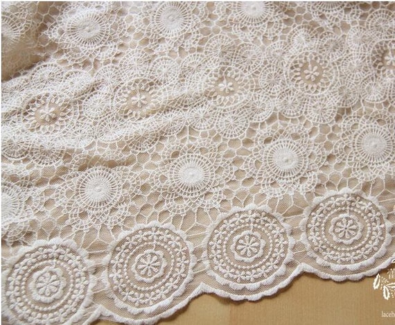 1 Yard Lace Fabric Tulle Beige Ivory Cotton Floral Circle