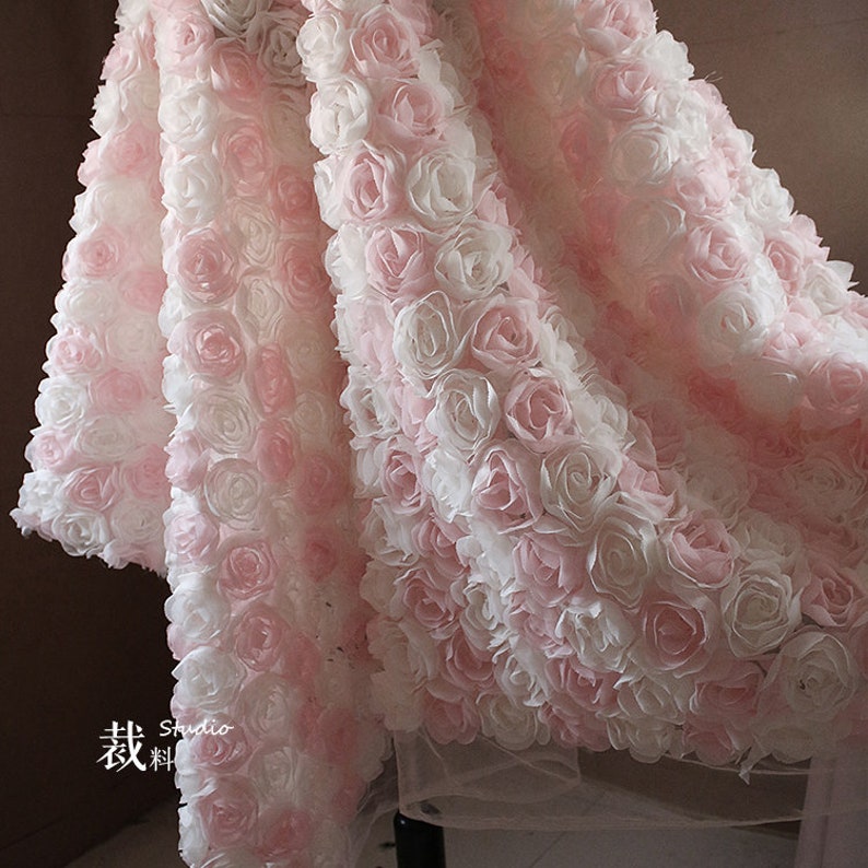 3D Pink White Rose Chiffon Floral Lace Fabric Tulle Fabric Exquisite Bridal Wedding Headband 51 width 1 yard 画像 3