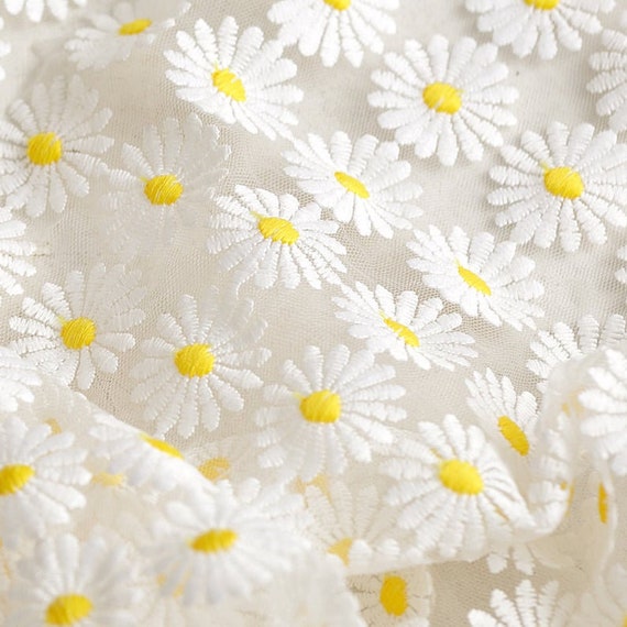 Lace Fabric Adorable White Daisy Flower Embroidered White Tulle