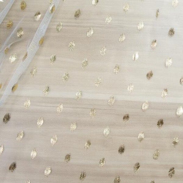 Sequin Gold Oval Polka Dot White Tulle Dentelle Tissu Broderie Florale Exquise Bridal Wedding Bandeau Tissu 59 « largeur