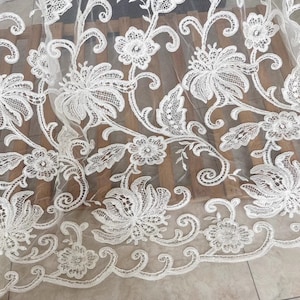 White Floral Embroidery Sequin Lace Fabric Soft Tulle Exquisite Embroidery  for Bridal Lace Wedding Fabric  Headband 51&quot; width High Quality